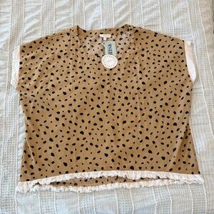 Umgee Leopard Print Oversized Fringe Short Sleeve Blouse XL NWT